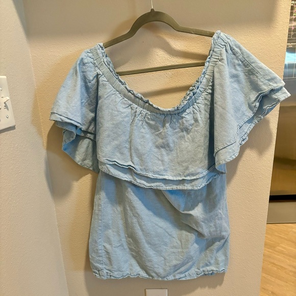 Mudpie Ruffle Off-the-Shoulder Blue Mini Dress or Tunic Top - Size Medium - Picture 3 of 6